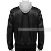 Black Leather Bomber Jacket with Grey Hood