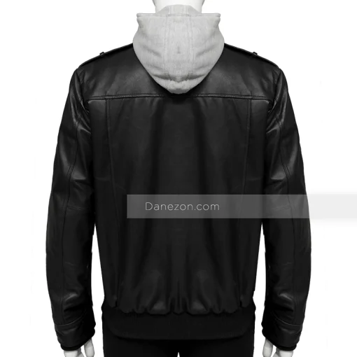 Black Leather Bomber Jacket with Grey Hood