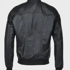Men Slim fit Black Leather Bomber Jacket