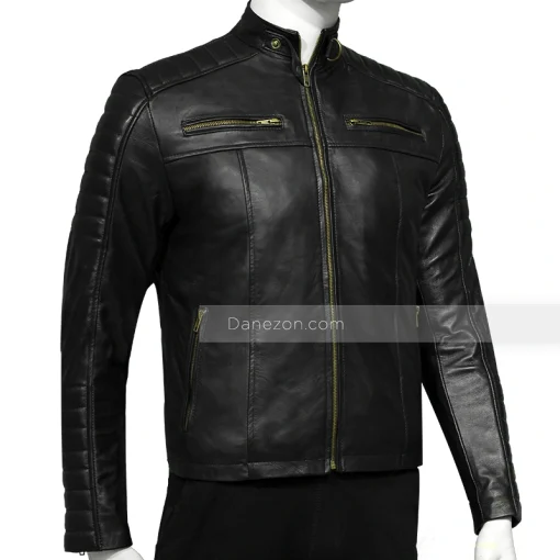 Mens Black Biker Padded Leather Jacket