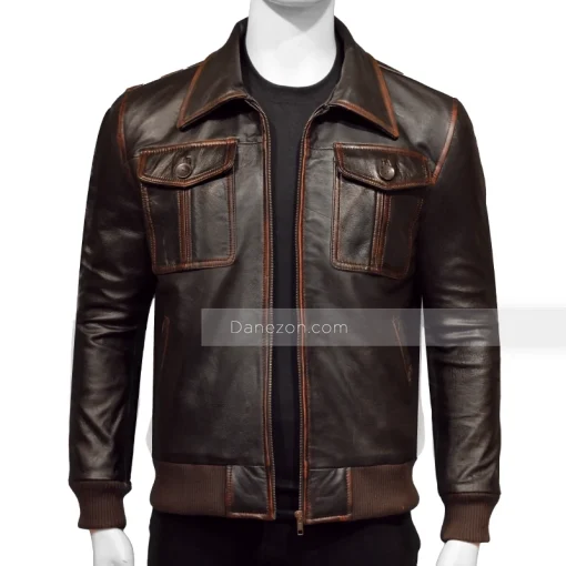 Distressed Leather Brown Bomber Jacket Mens