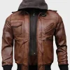 Mens Hooded Brown Bomber Leather Jacket