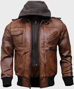 Mens Hooded Brown Bomber Leather Jacket