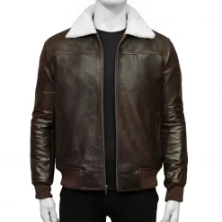 Mens Brown Bomber Shearling Collar Leather Jacket
