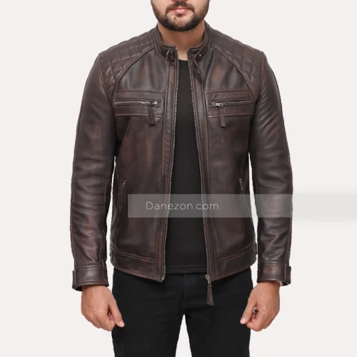 Men's Distressed Brown Quilted Shoulder Leather Jacket
