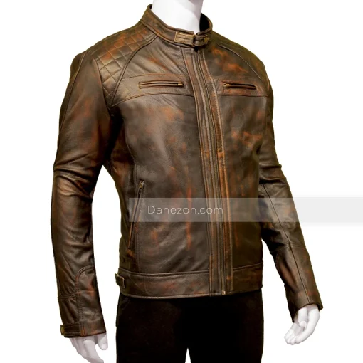 Mens Quilted Brown Biker Distressed Leather Jacket