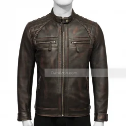 Mens Quilted Shoulder Distressed Leather Jacket