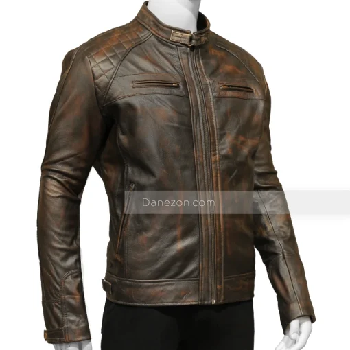 Mens Distressed Leather Quilted Shoulder Brown Jacket