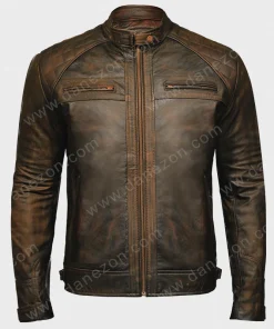 Mens Distressed Leather Brown Quilted Shoulder Jacket