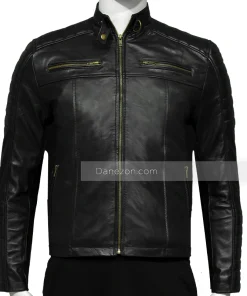 Golden Zipper Black Leather Jacket Mens