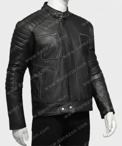 Padded Shoulder Black Leather Jacket