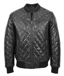 Mens Black Quilted Bomber Leather Jacket