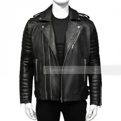 Black Quilted Moto Leather Jacket Mens