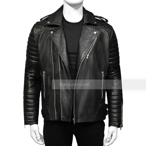 Black Quilted Moto Leather Jacket Mens
