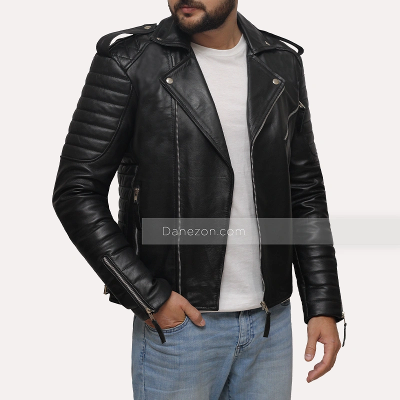 Men's Black Quilted and Padded Motorcycle Leather Jacket