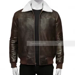 Mens Shearling Collar Brown Leather Jacket