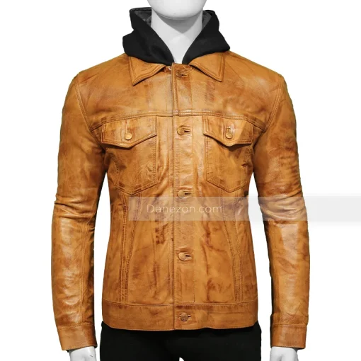 Shirt Style Brown Hooded Leather Jacket Mens