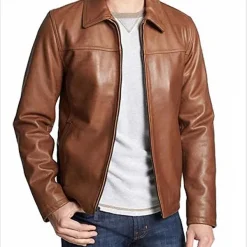 Shirt Collar Mens Brown Leather Jacket