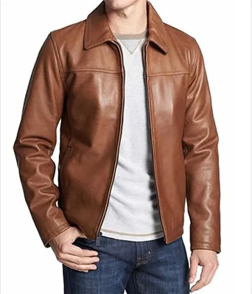 Shirt Collar Mens Brown Leather Jacket