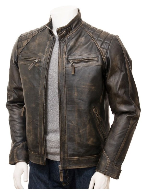 Mens Vintage Brown Quilted Leather Jacket - Danezon