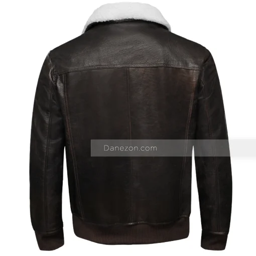 Men brown leather shearling collar jacket