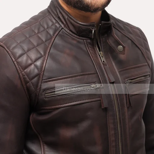 Quilted Shoulder Distressed Leather Jacket