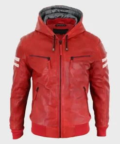 Mens Bomber Red Hooded Leather Jacket