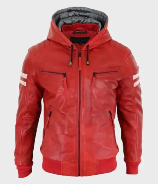 Mens Bomber Red Hooded Leather Jacket