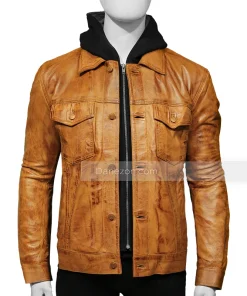 Mens Shirt Collar Brown Hooded Leather Jacket