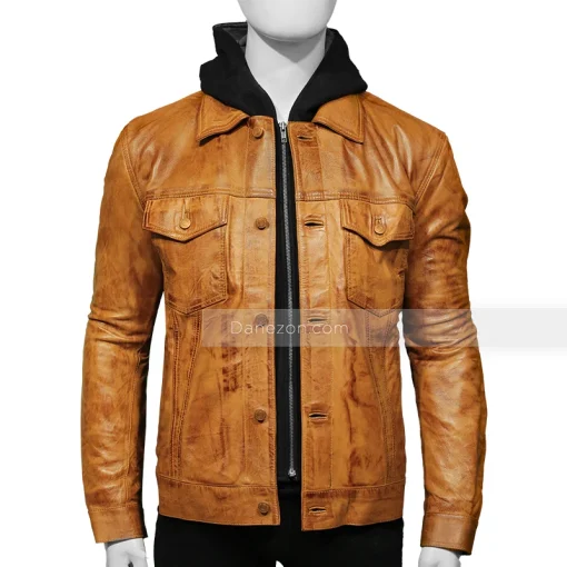 Mens Shirt Collar Brown Hooded Leather Jacket