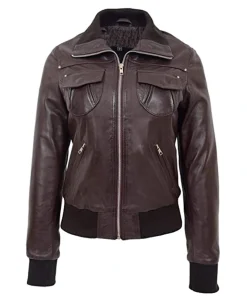Women Brown Bomber Leather Jacket
