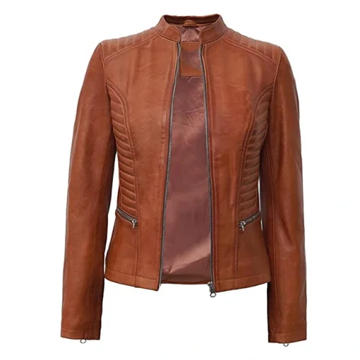Women Biker Brown Padded Leather Jacket