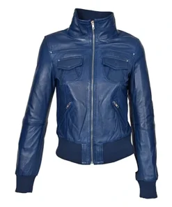 Womens Blue Leather Bomber Jacker