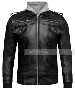mens black leather hooded jacket - grey color