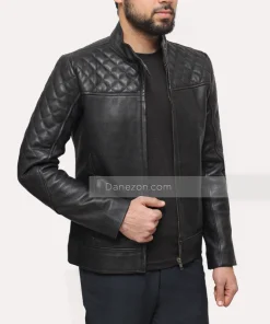 Black quilted slim fit jacket for mens