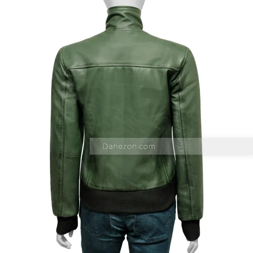 women bomber green leather jacket