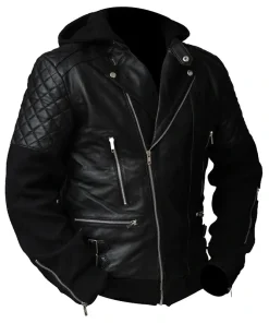 Mens Black Hooded Biker Quilted Leather Jacket