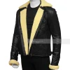 Cream Shearling Black Leather Biker Jacket for Mens Outfits
