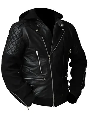 Black Hooded Biker Quilted Leather Jacket