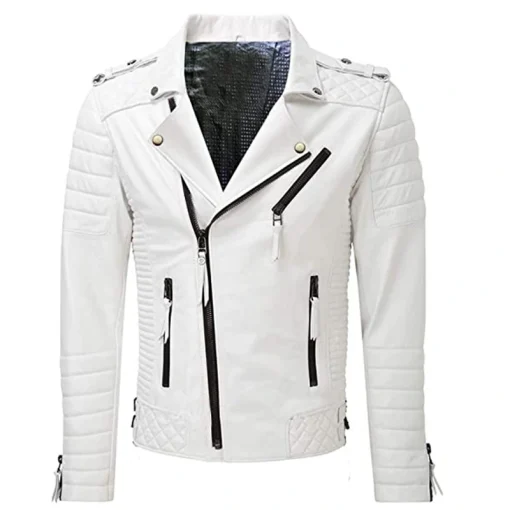 Mens Quilted White Leather Jacket
