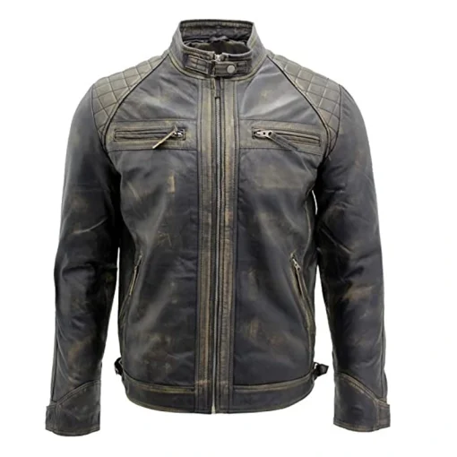 Mens Quilted Distressed Leather Jacket