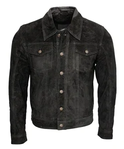 Mens Black Shirt Style Collar Suede Leather Jacket