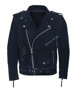 Men's Navy Blue Suede Biker Leather Jacket