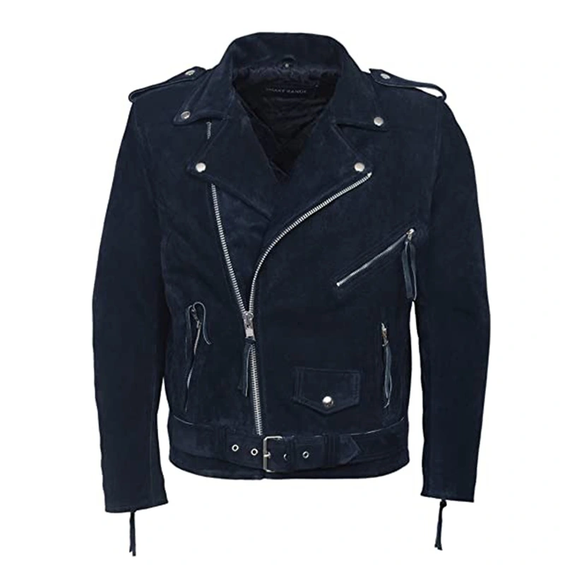 Men's Navy Blue Suede Biker Leather Jacket - Danezon
