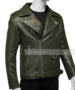 olive green men biker leather jacket