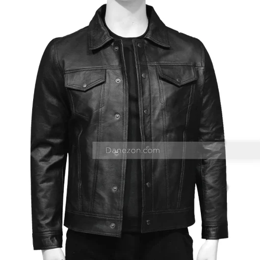 Lambskin Black Leather Trucker Jacket For Mens