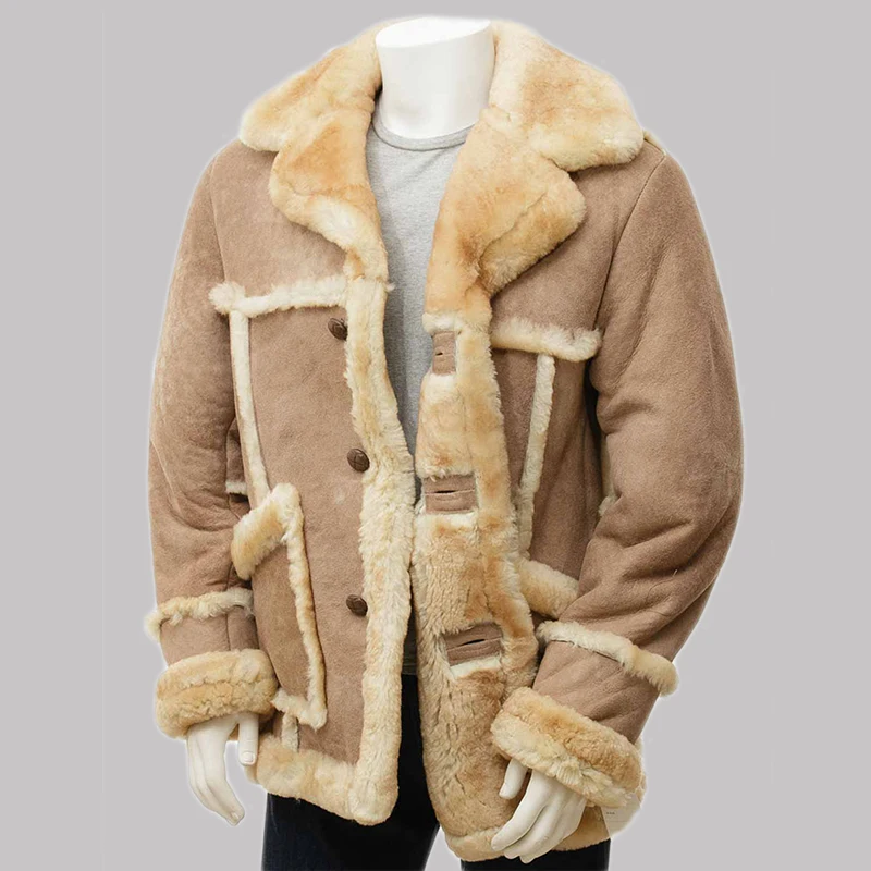 Men's Brown Sheepskin Suede Shearling Leather Coat