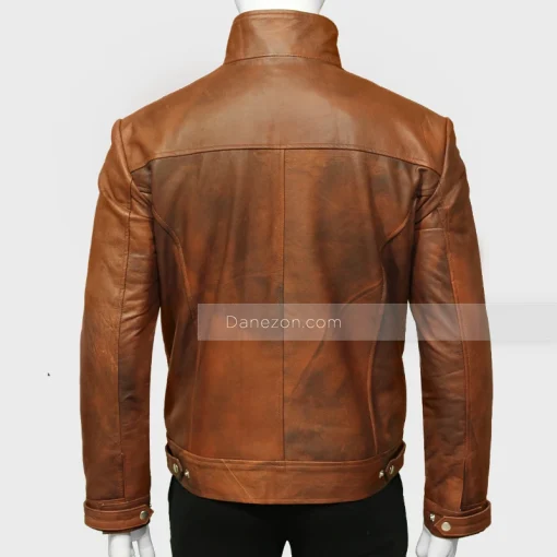Brown Leather Jacket Stand up Collar