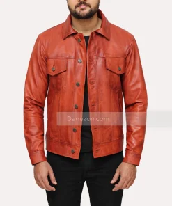 Mens Brown Leather Trucker jacket - Danezon