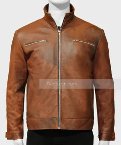 Brown Leather Jacket with Stand up Collar